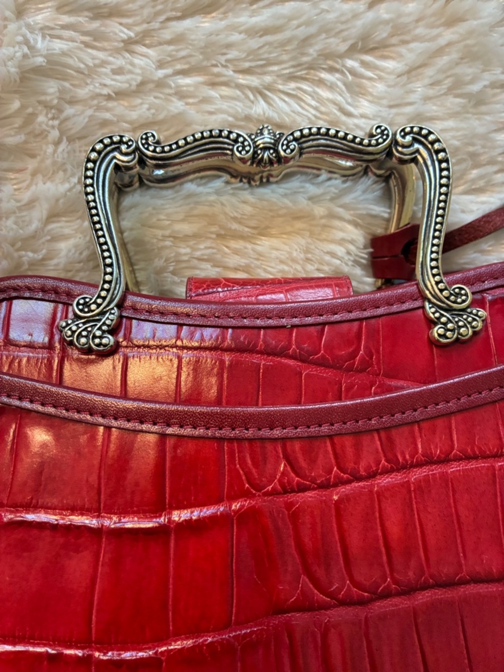 Brighton Red Croc-Embossed Mini Top-Handle Bag with Ornate Silver Handles - Picture 4 of 10